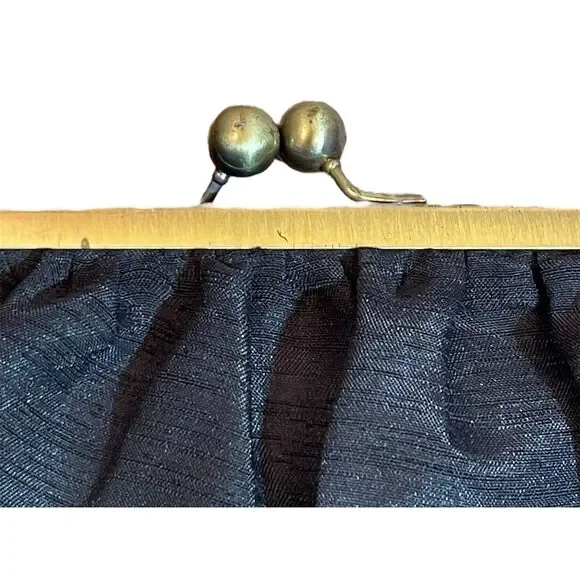 Vintage Black Clutch Gold Frame Kiss Clasp Women's Formal Bag Satin Finish - Picture 9 of 16